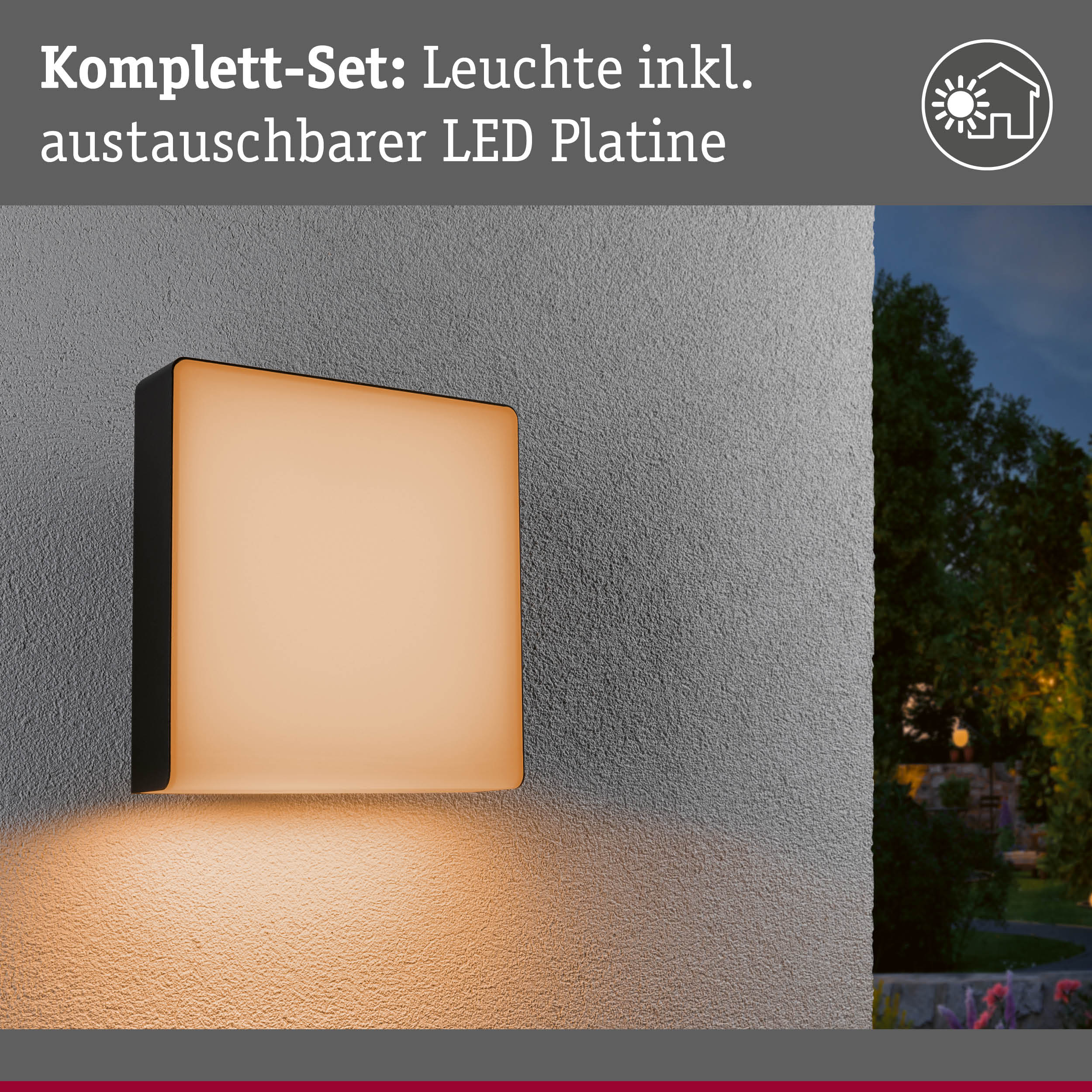Moderne quadratische Außenwandleuchte mit schwarzem Rahmen und warmweißem LED-Licht an grauer Wand
