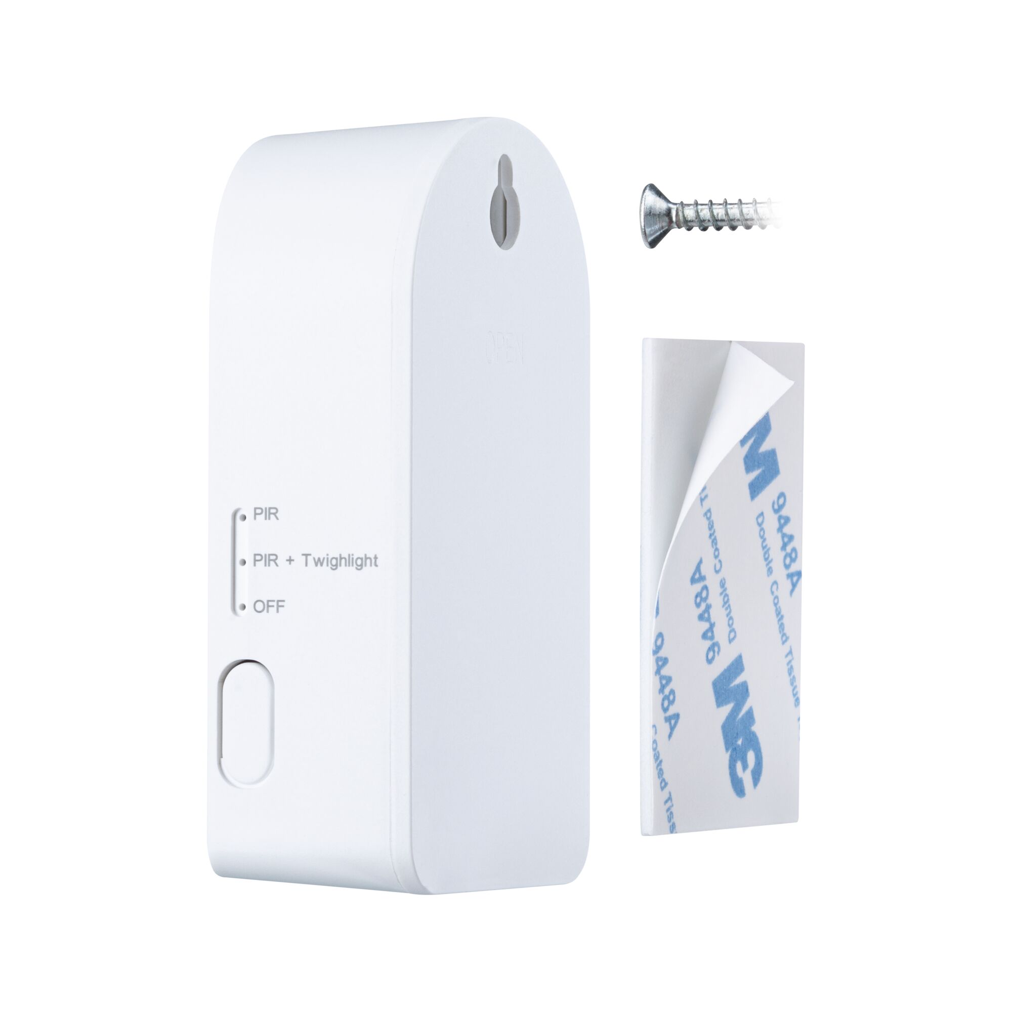 White plastic PIR motion sensor housing with screw and 3M adhesive pad for easy installation