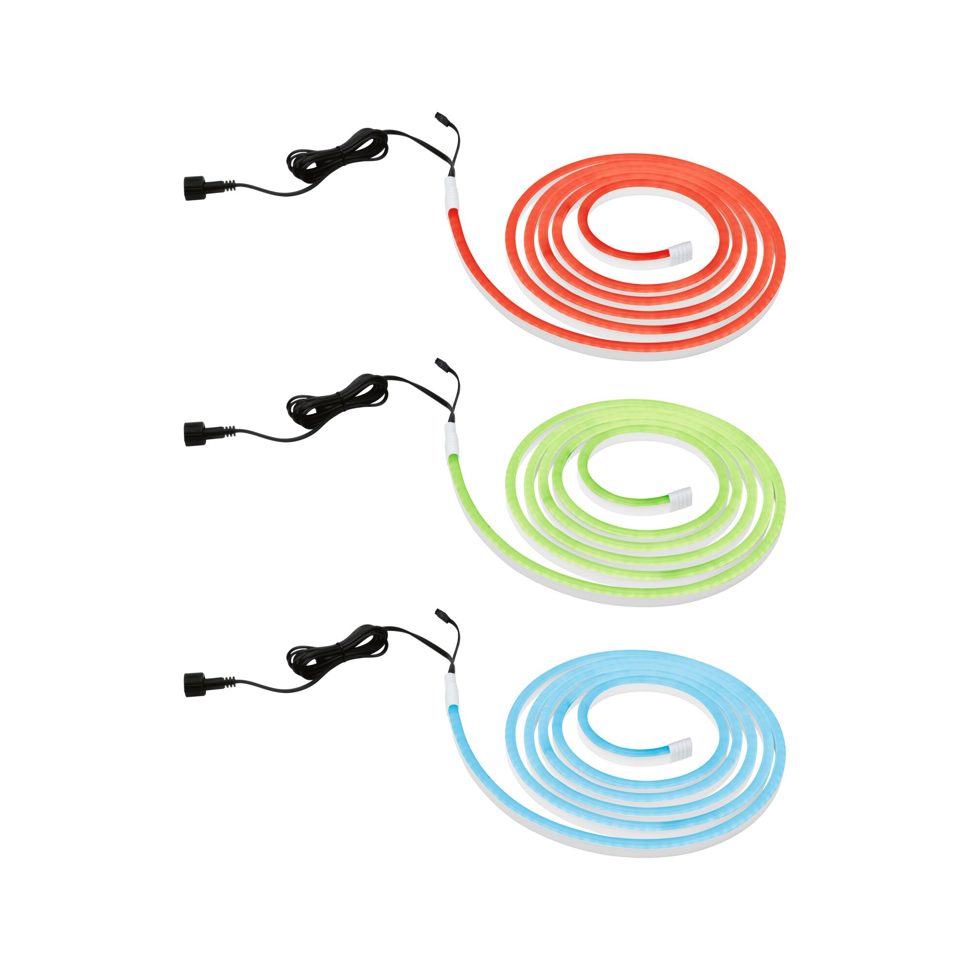 Trois bandes LED flexibles en rouge, vert et bleu avec câble noir pour éclairage décoratif.