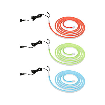 Three flexible LED light strips in red, green, and blue with black power cables for decoration.