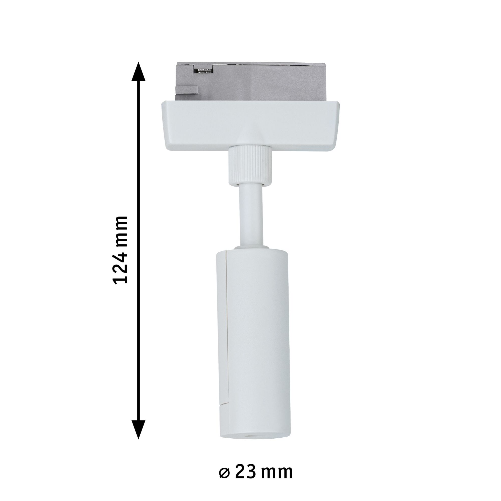 White metal LED spotlight 124 mm high and 23 mm diameter for track lighting systems