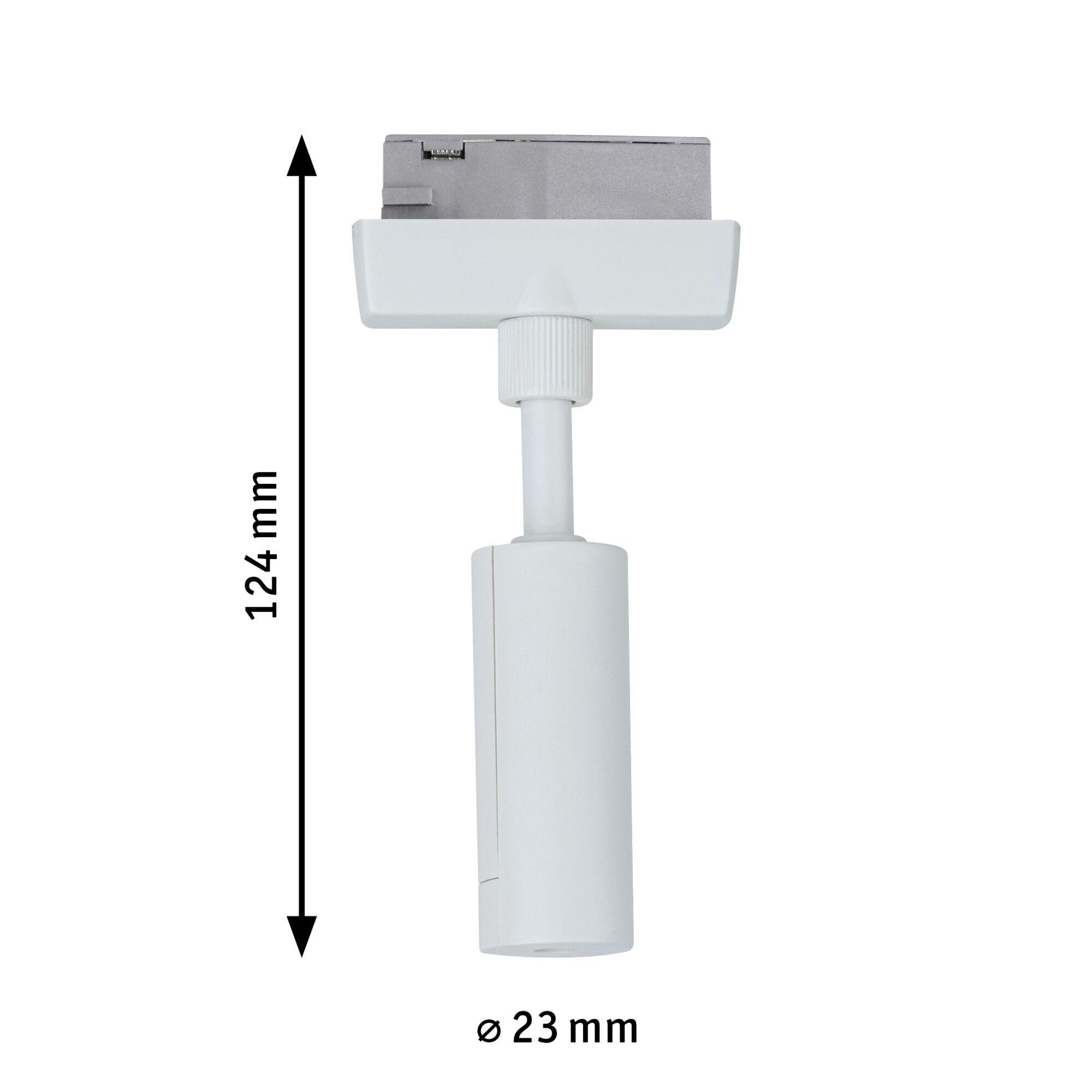 White plastic adapter 124 mm long and 23 mm diameter for LED track lighting connection