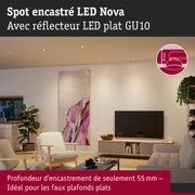 Spot encastré LED Nova avec réflecteur plat GU10, profondeur d'encastrement 55 mm, idéal pour plafonds plats
