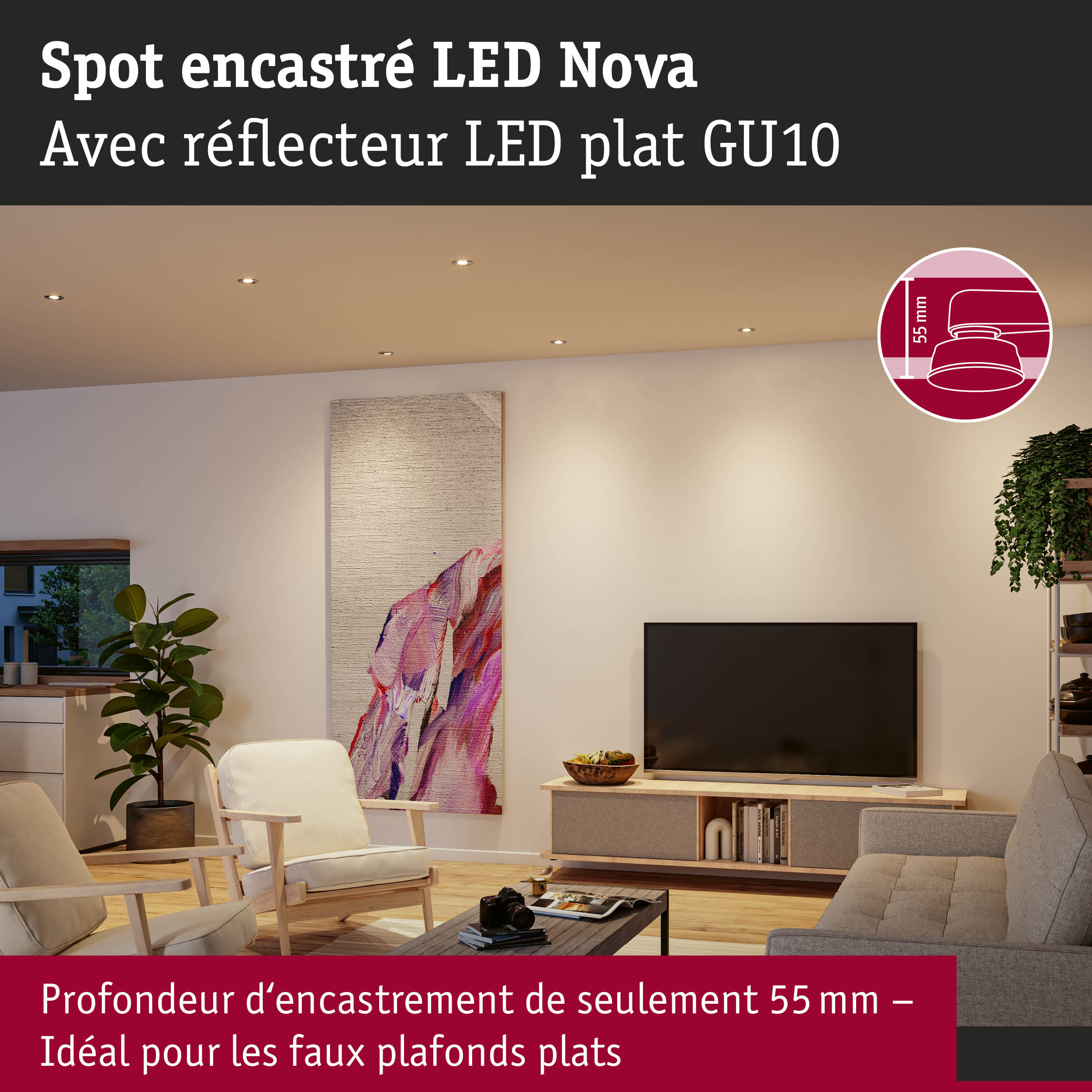 Spot encastré LED Nova avec réflecteur plat GU10, profondeur d'encastrement 55 mm, idéal pour plafonds plats