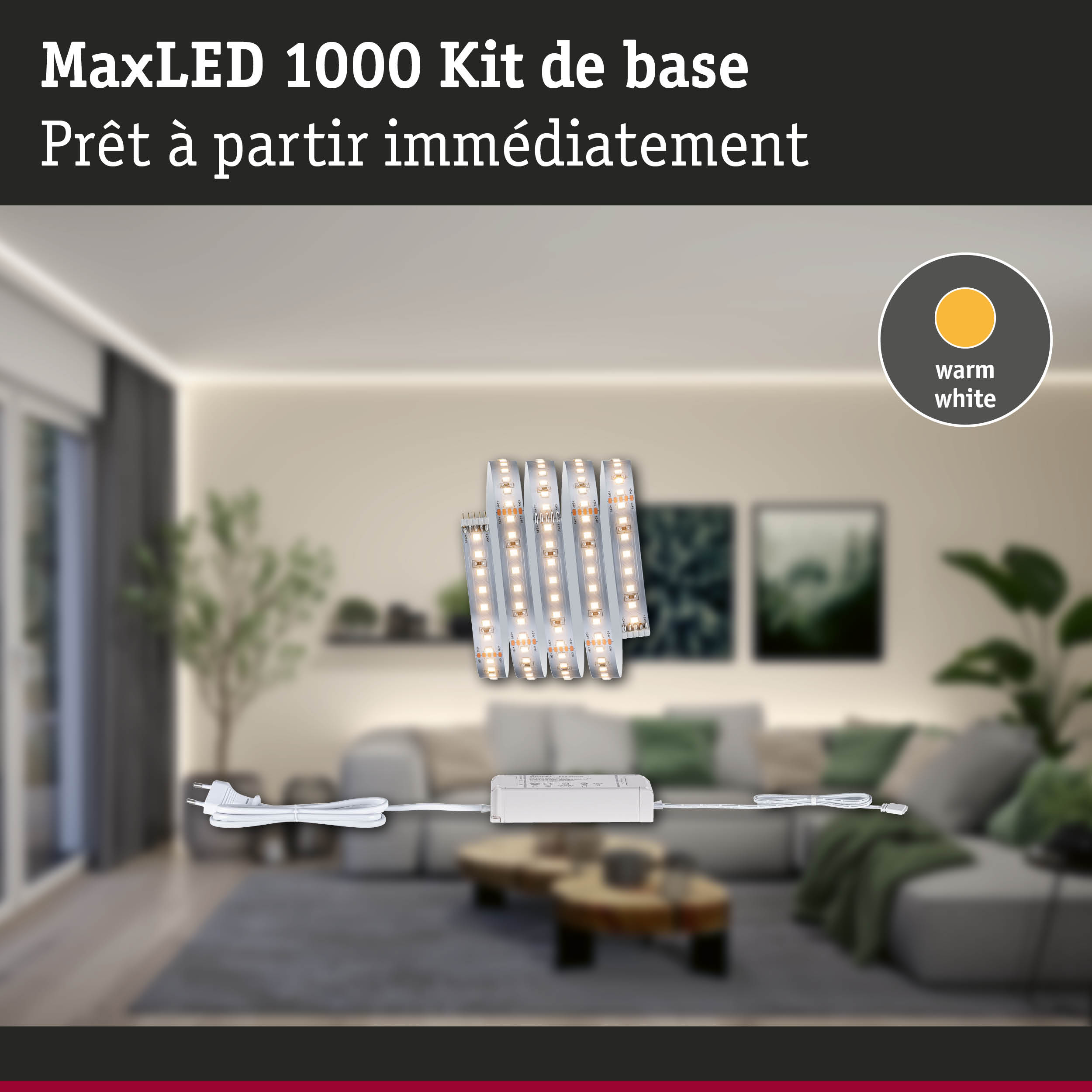 Kit MaxLED 1000 avec bande LED blanc chaud et alimentation pour éclairage intérieur flexible