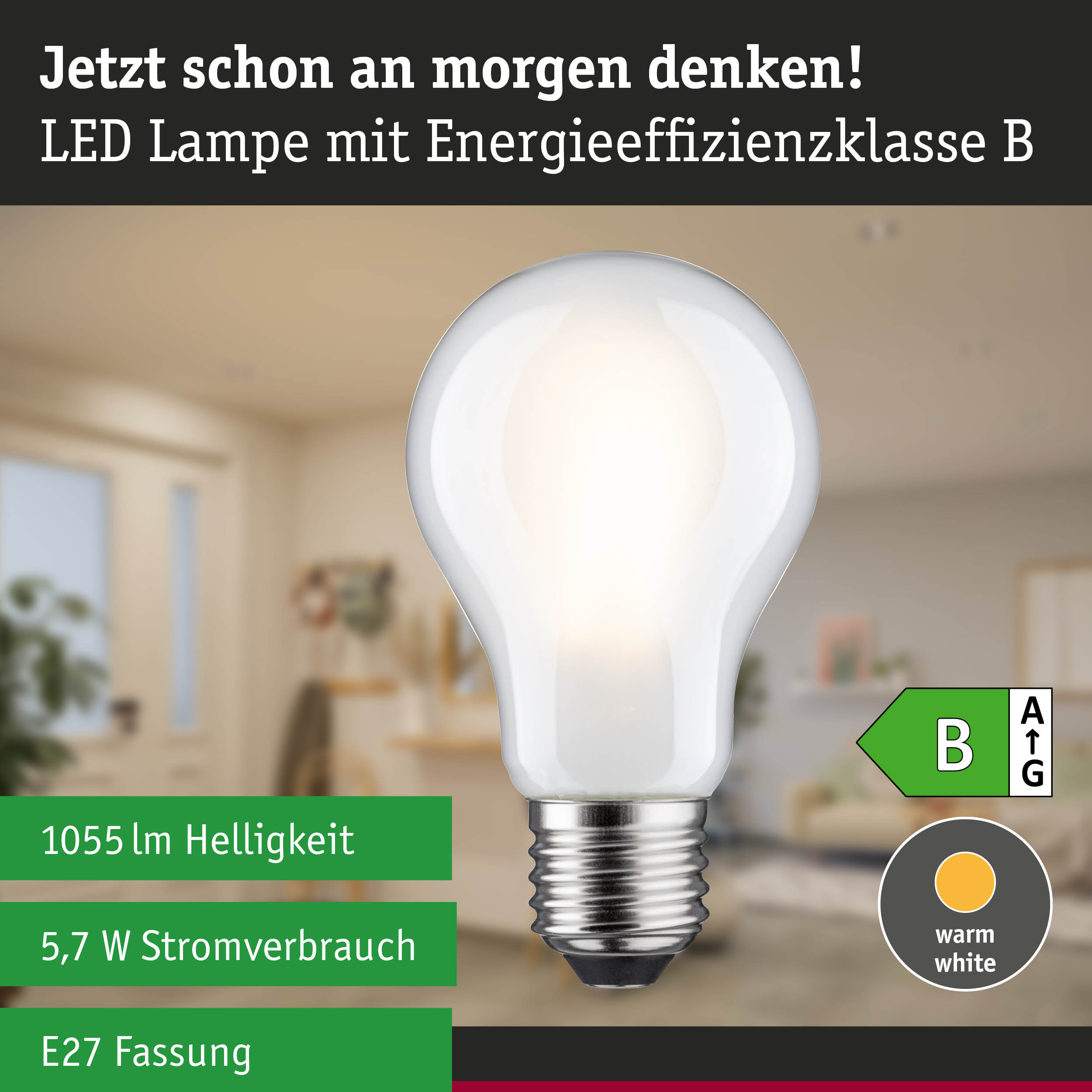 Weiße LED-Lampe mit E27-Fassung, warmweiß, dreistufig dimmbar, energieeffizient im Waldhintergrund