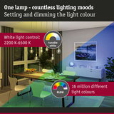 Living room with dimmable pendant lamp offering tunable white and 16 million RGBW light colours