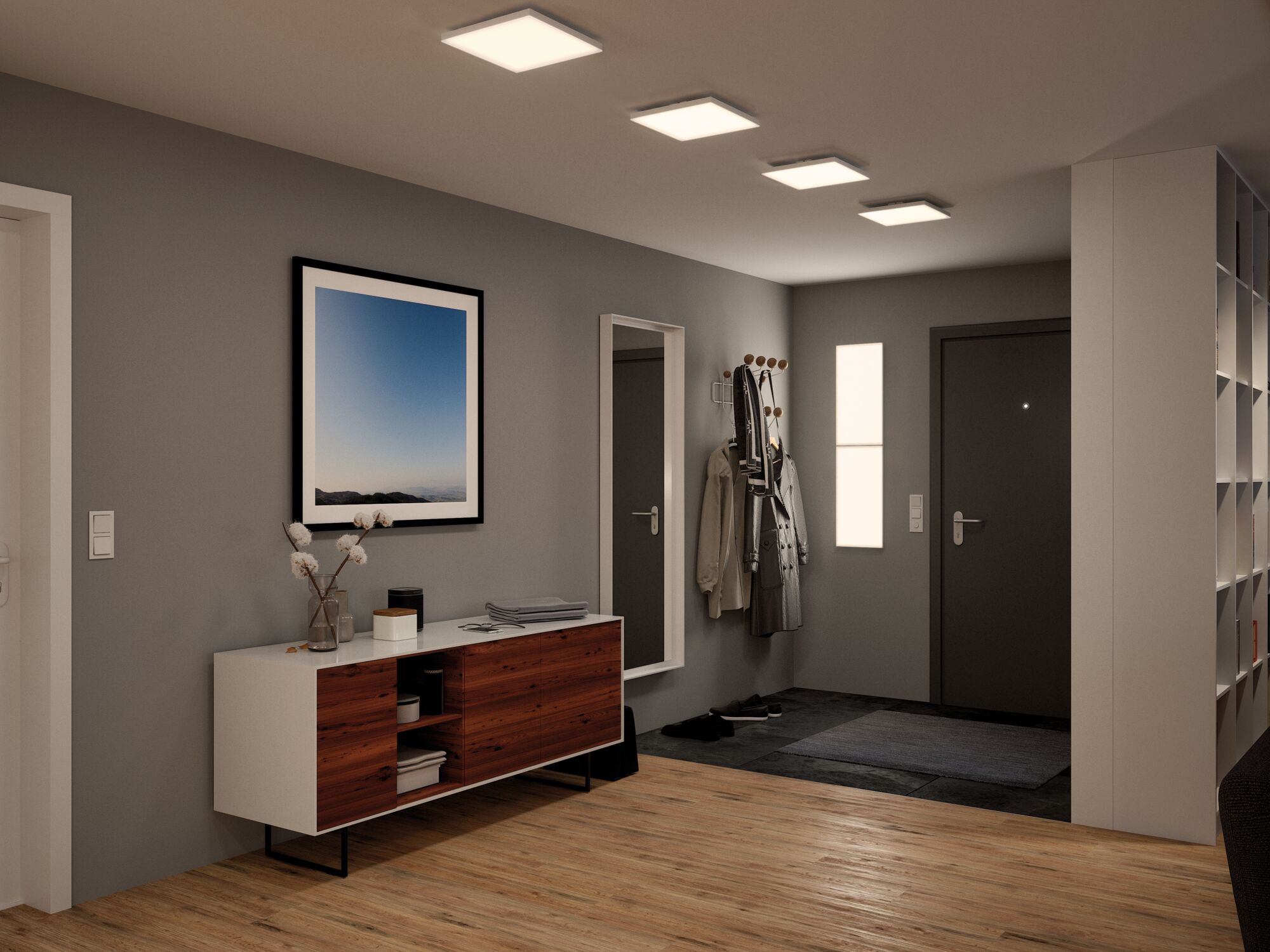 Moderner Flur mit vier quadratischen Deckenleuchten in Weiß, Holzsideboard und grauen Wänden.