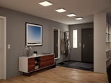 Modern hallway with four white square ceiling lights, wooden sideboard and grey walls.