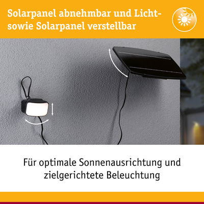 Schwarzes, verstellbares Solarpanel und Licht an grauer Wand für optimale Sonnenausrichtung und Beleuchtung