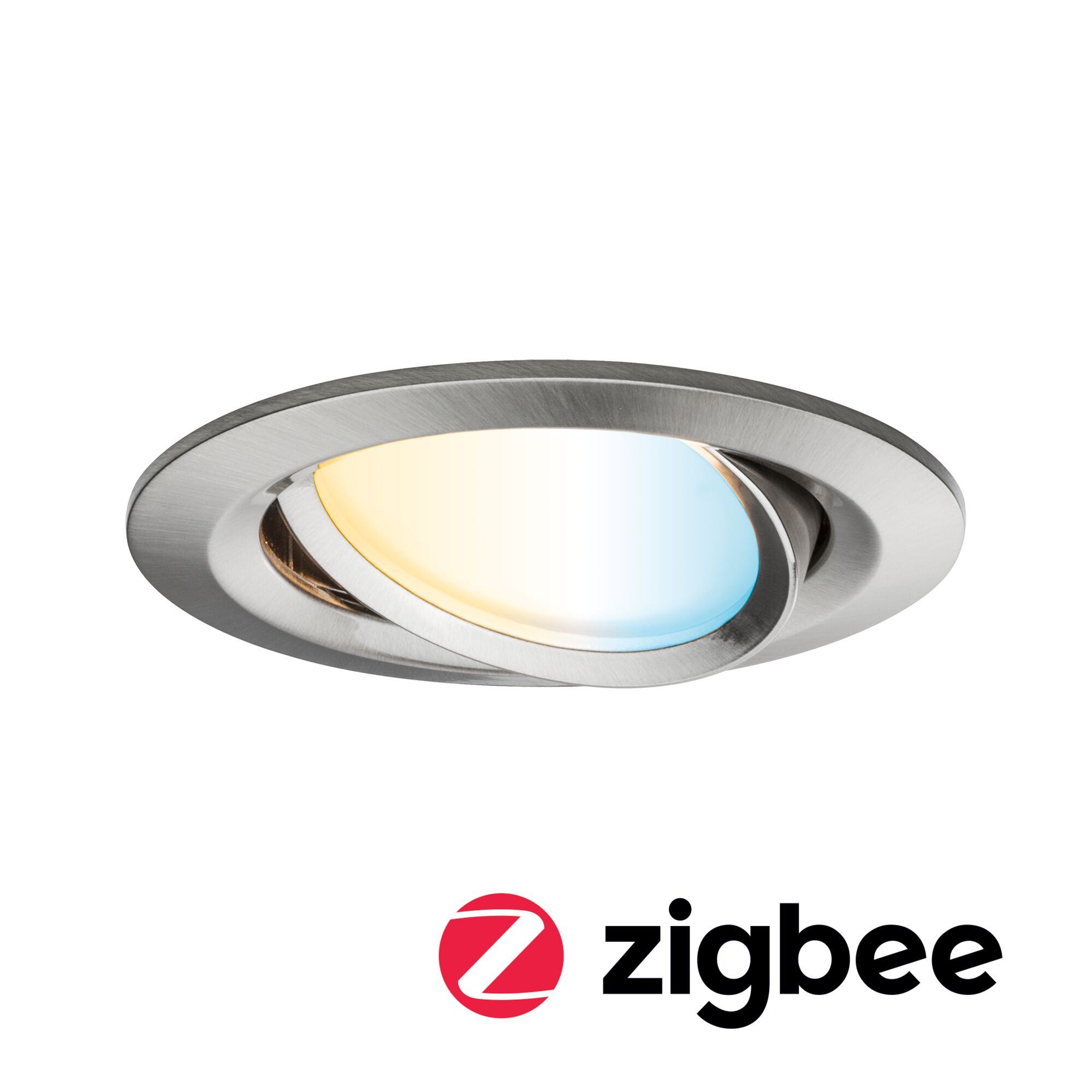 LED-inbouwlamp Smart Home Zigbee 3.0 Nova Plus Coin zwenkbaar rond 84mm 50° Coin 6W 470lm 230V dimbaar Tunable White Staal geborsteld Ronde inbouwspot van geborsteld roestvrij staal met dimbare LED en Zigbee slimme verlichting