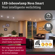 Dimbare LED-inbouwlamp Nova Smart in woonkamer, compatibel met diverse smart home-systemen