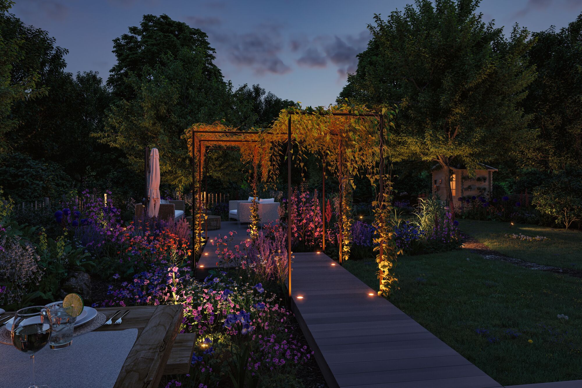 Illuminated garden path with LED recessed lights and trellis in green garden at dusk