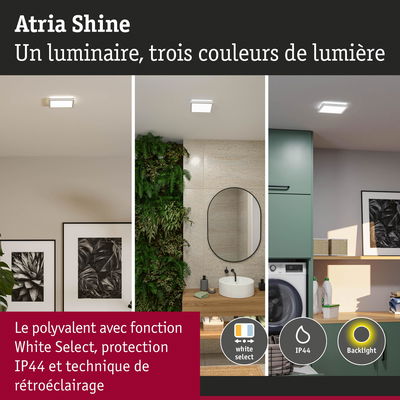 Luminaire Atria Shine LED avec trois couleurs de lumière, protection IP44 et fonction White Select pour salle de bain