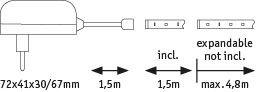 Technische tekening van witte LED-voeding met afmetingen en aansluitdetails voor verlichtingssystemen
