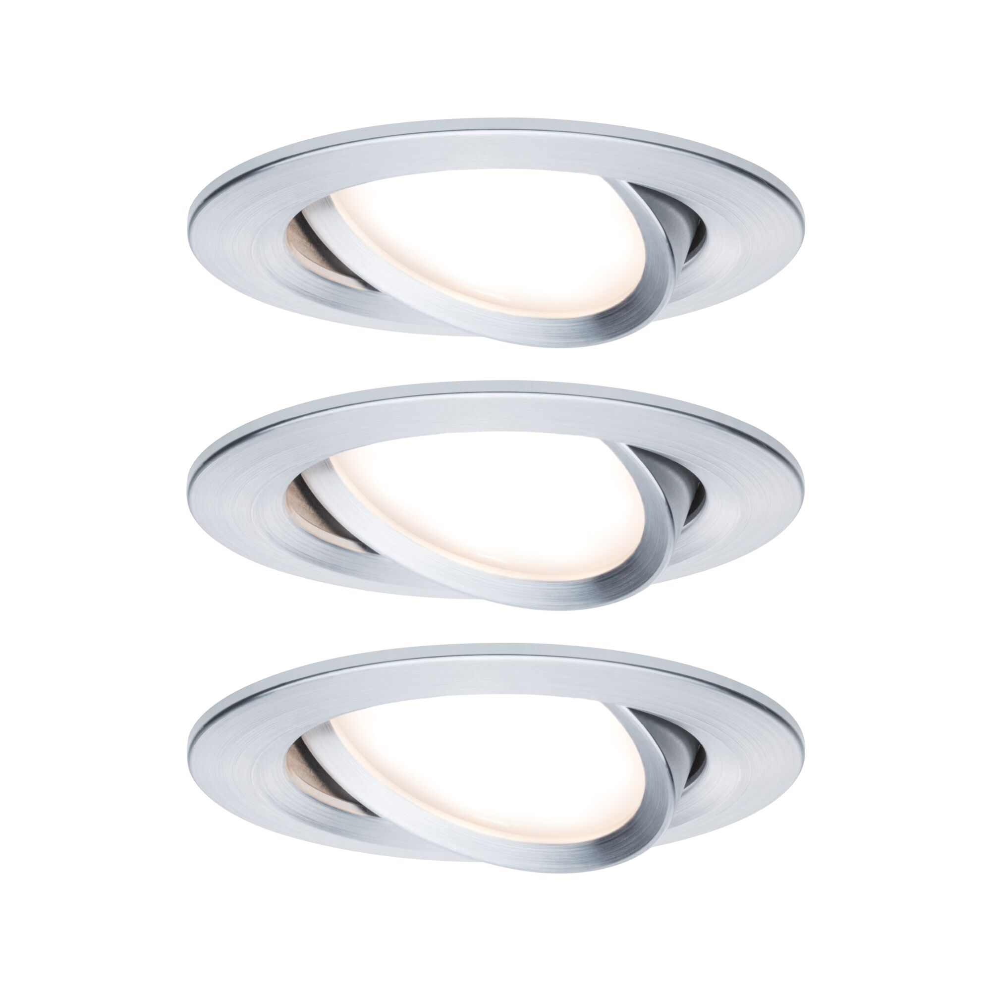 Three round recessed spotlights in brushed aluminum with warm white LED light for living spaces