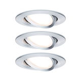 Three round recessed spotlights in brushed aluminum with warm white LED light for living spaces