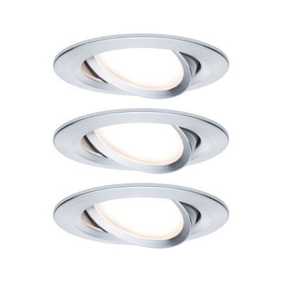 Three round recessed spotlights in brushed aluminum with warm white LED light for living spaces