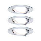 Three round recessed spotlights in brushed aluminum with warm white LED light for living spaces