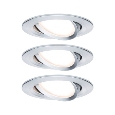 Three round recessed spotlights in brushed aluminum with warm white LED light for living spaces