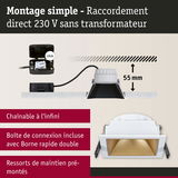 Spot encastré carré blanc avec réflecteur doré et profondeur d'installation de 55 mm pour éclairage LED