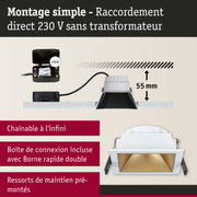 Spot encastré carré blanc avec réflecteur doré et montage direct 230 V sans transformateur