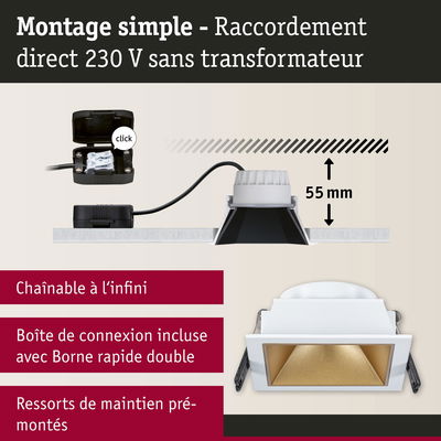 Spot encastré carré blanc avec réflecteur doré et profondeur d'installation de 55 mm pour éclairage LED