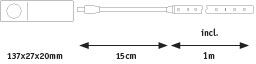 Technische Zeichnung eines weißen LED-Verlängerungskabels mit 1 Meter Länge und 15 cm Anschlusskabel.