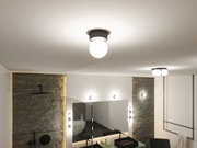Round ceiling light with white glass and black metal frame in modern bathroom with mirror and sink.