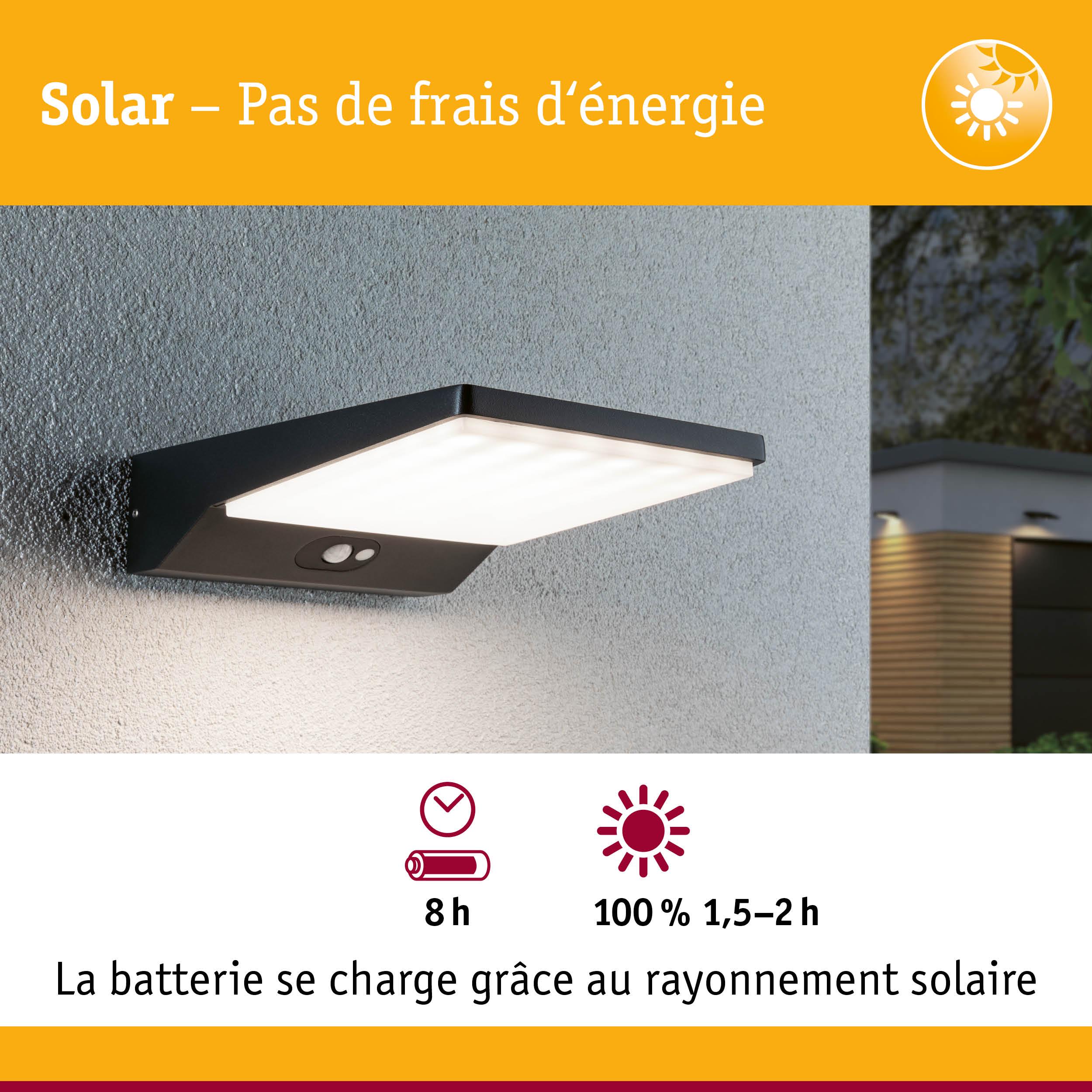 Applique murale solaire noire avec détecteur de mouvement et lumière blanche, éclairage extérieur économique