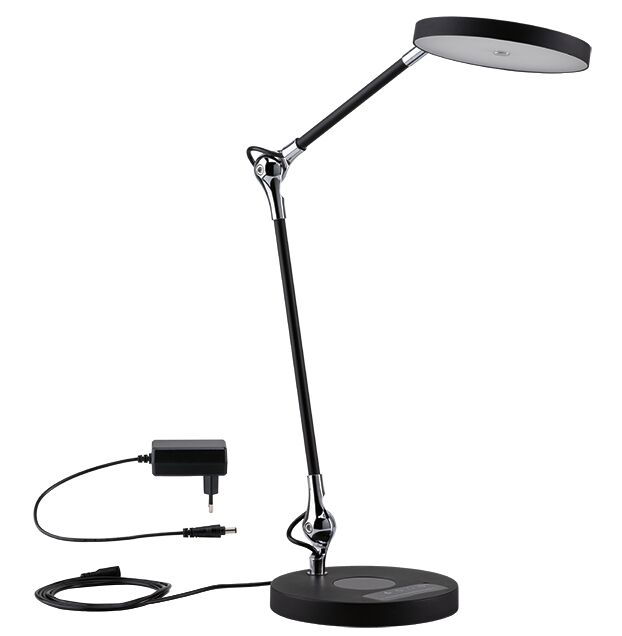 Moderne zwarte LED-bureaulamp met ronde lichtkop en verstelbare arm van metaal en kunststof.