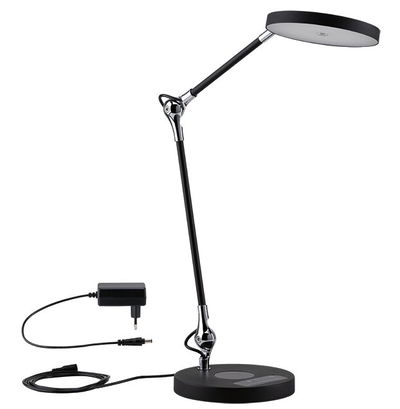 Moderne zwarte LED-bureaulamp met ronde lichtkop en verstelbare arm van metaal en kunststof.