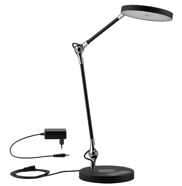 Moderne schwarze LED-Schreibtischlampe mit rundem Leuchtkopf und verstellbarem Arm aus Metall und Kunststoff.