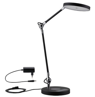 Modern black LED desk lamp with round light head and adjustable arm made of metal and plastic.