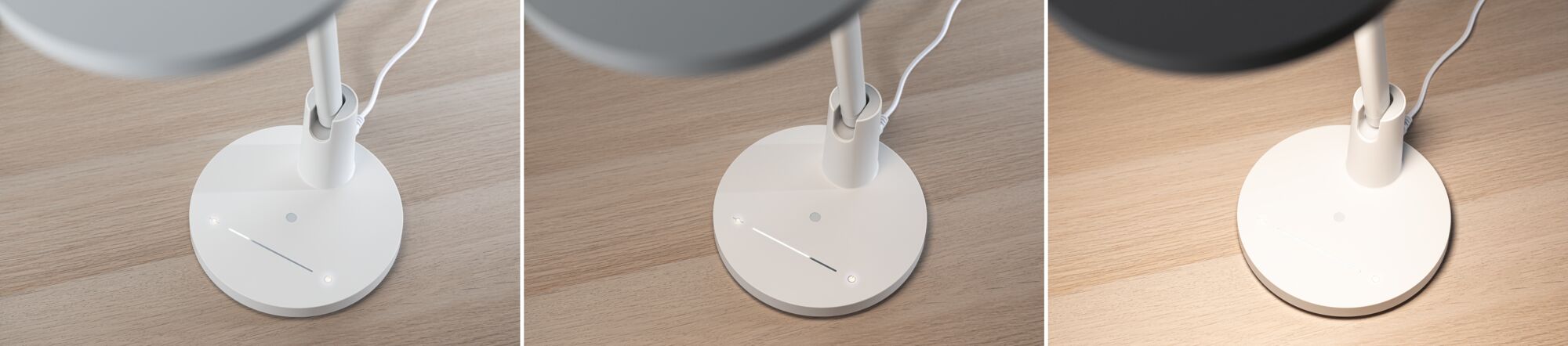 Drie close-ups van een witte LED-tafellampvoet met touchdimmer op houten oppervlak