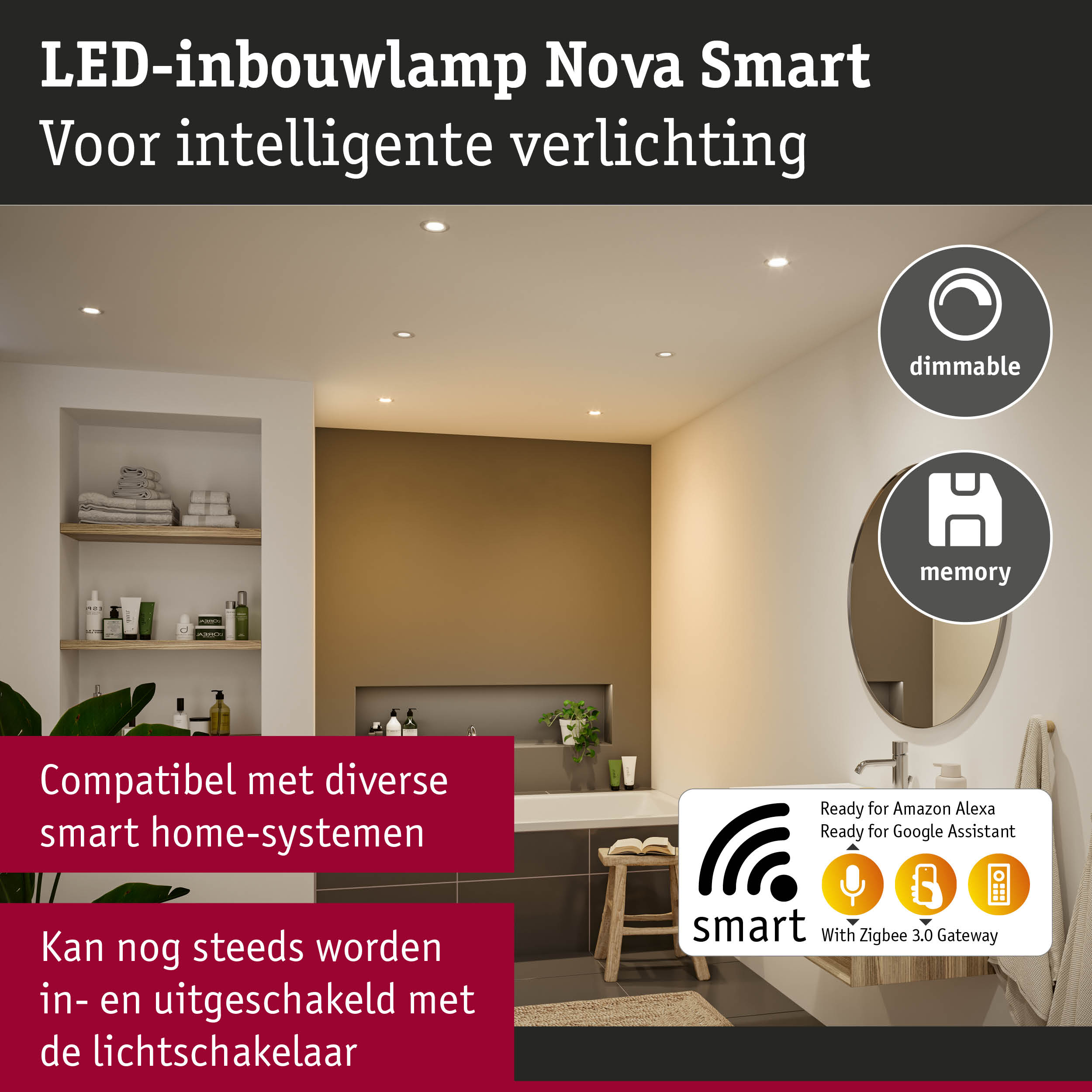 LED-inbouwlamp Nova Smart dimbaar met geheugenfunctie voor slimme verlichting en Zigbee 3.0 compatibiliteit