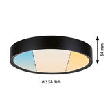 Round ceiling light with black metal frame and adjustable color temperature from blue to warm white.