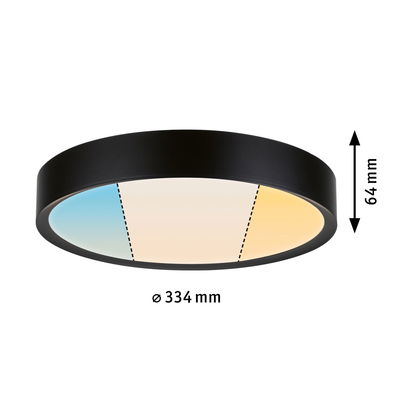 Round ceiling light with black metal frame and adjustable color temperature from blue to warm white.