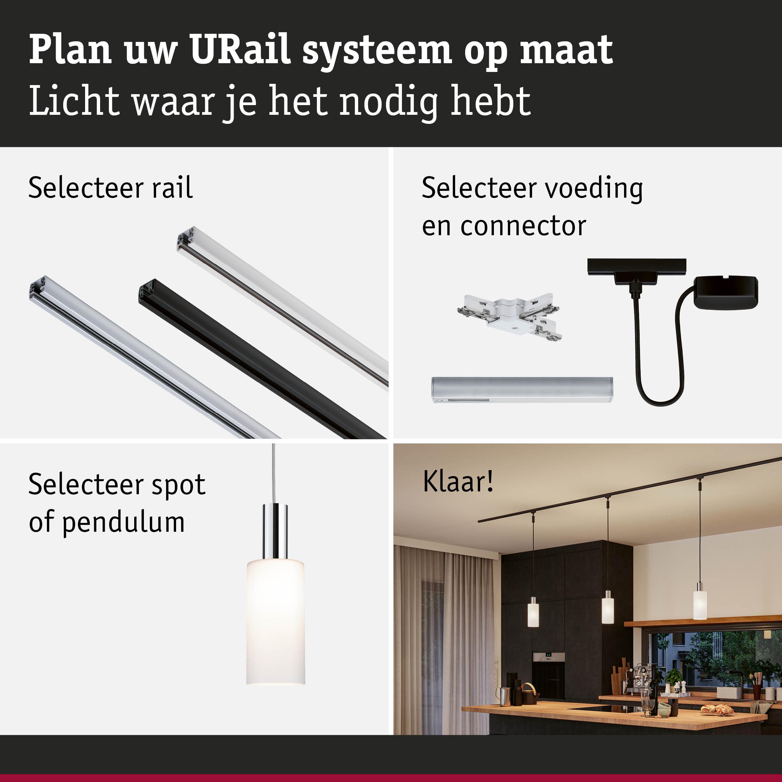 Modulair URail railsysteem met rails, connectoren en pendelverlichting voor flexibele verlichting thuis