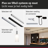 Modulair URail railsysteem met rails, connectoren en pendelverlichting voor flexibele verlichting thuis