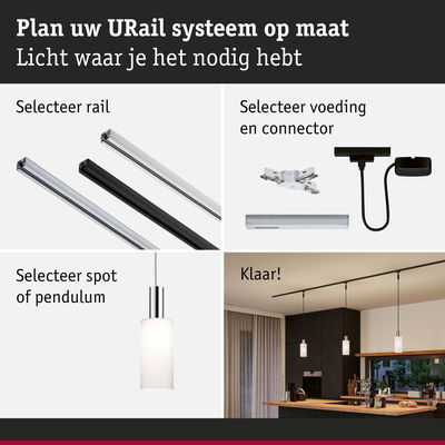 Modulair URail railsysteem met rails, connectoren en pendelverlichting voor flexibele verlichting thuis