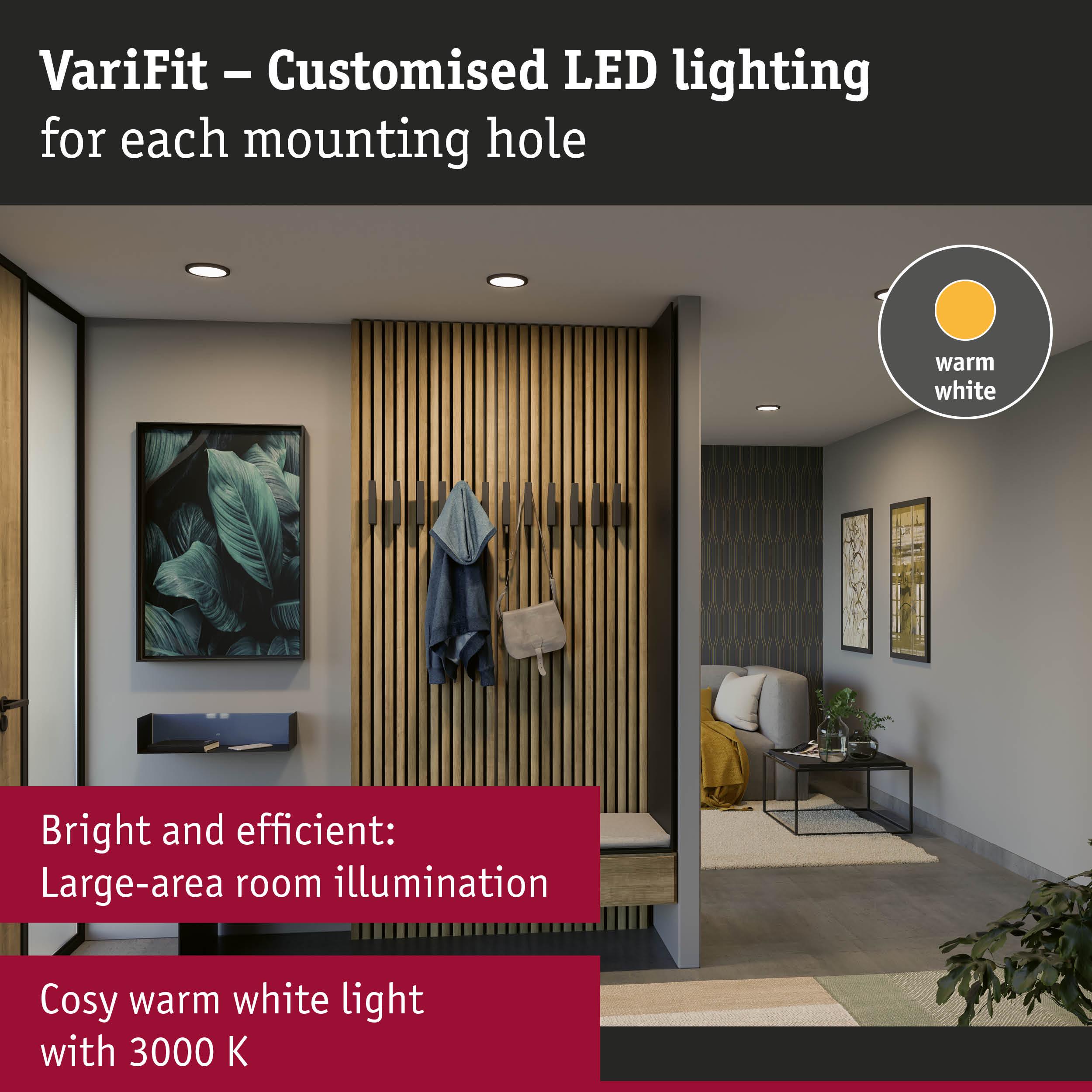 Modern living room with warm white LED downlights providing bright, efficient large-area illumination