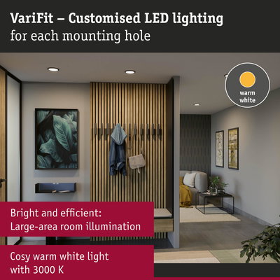 Modern living room with warm white LED downlights providing bright, efficient large-area illumination