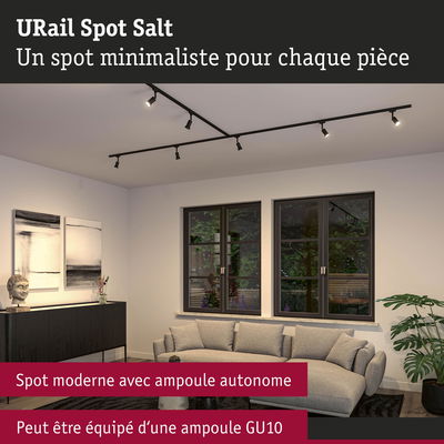 Spot URail Spot Salt noir minimaliste avec ampoules LED GU10 dans un salon moderne