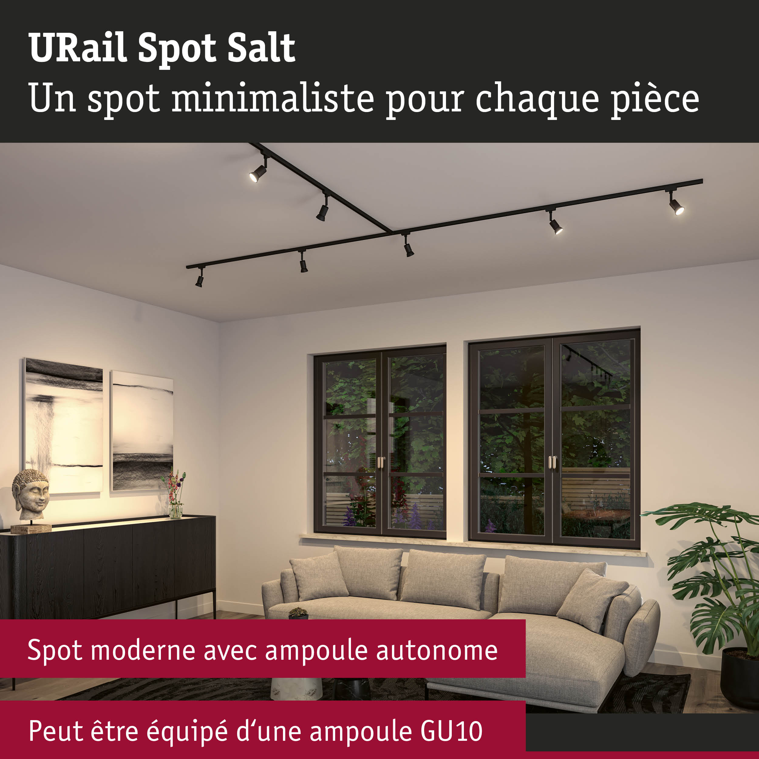 Système d'éclairage sur rail URail Spot Salt noir minimaliste avec plusieurs spots au plafond du salon