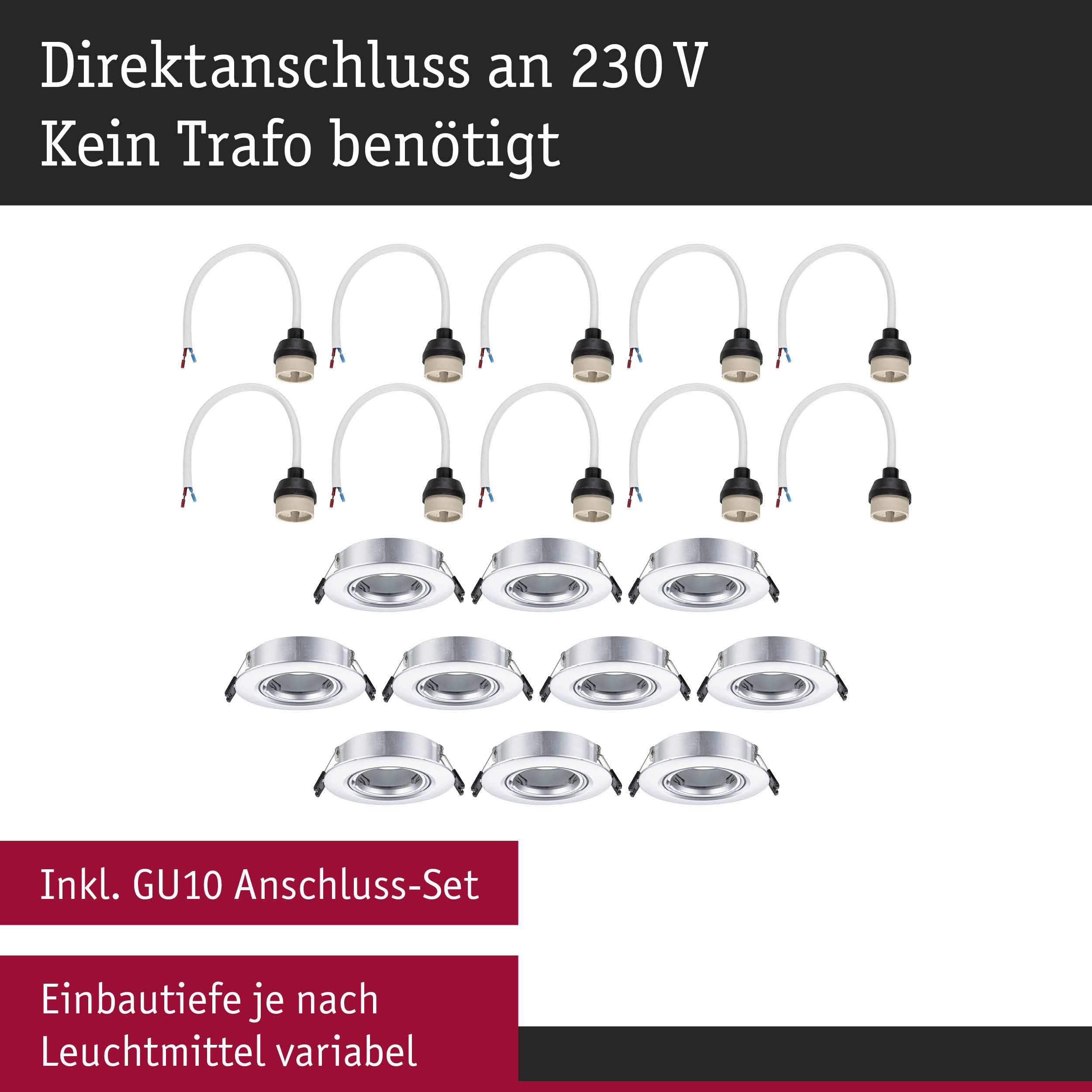 Set aus weißen GU10 Anschlusskabeln und silbernen Einbaustrahlern für 230V Direktanschluss ohne Trafo