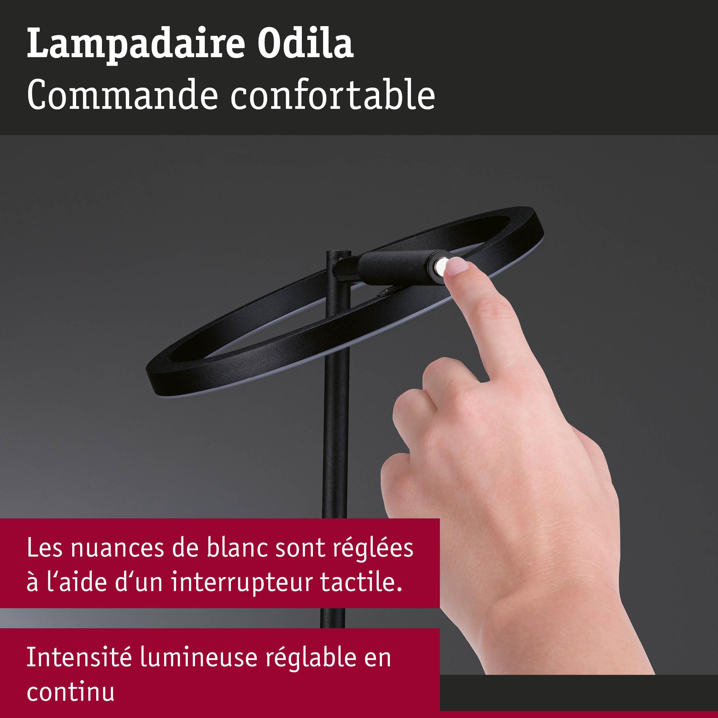 Lampadaire Odila noir avec interrupteur tactile pour réglage continu de l'intensité lumineuse