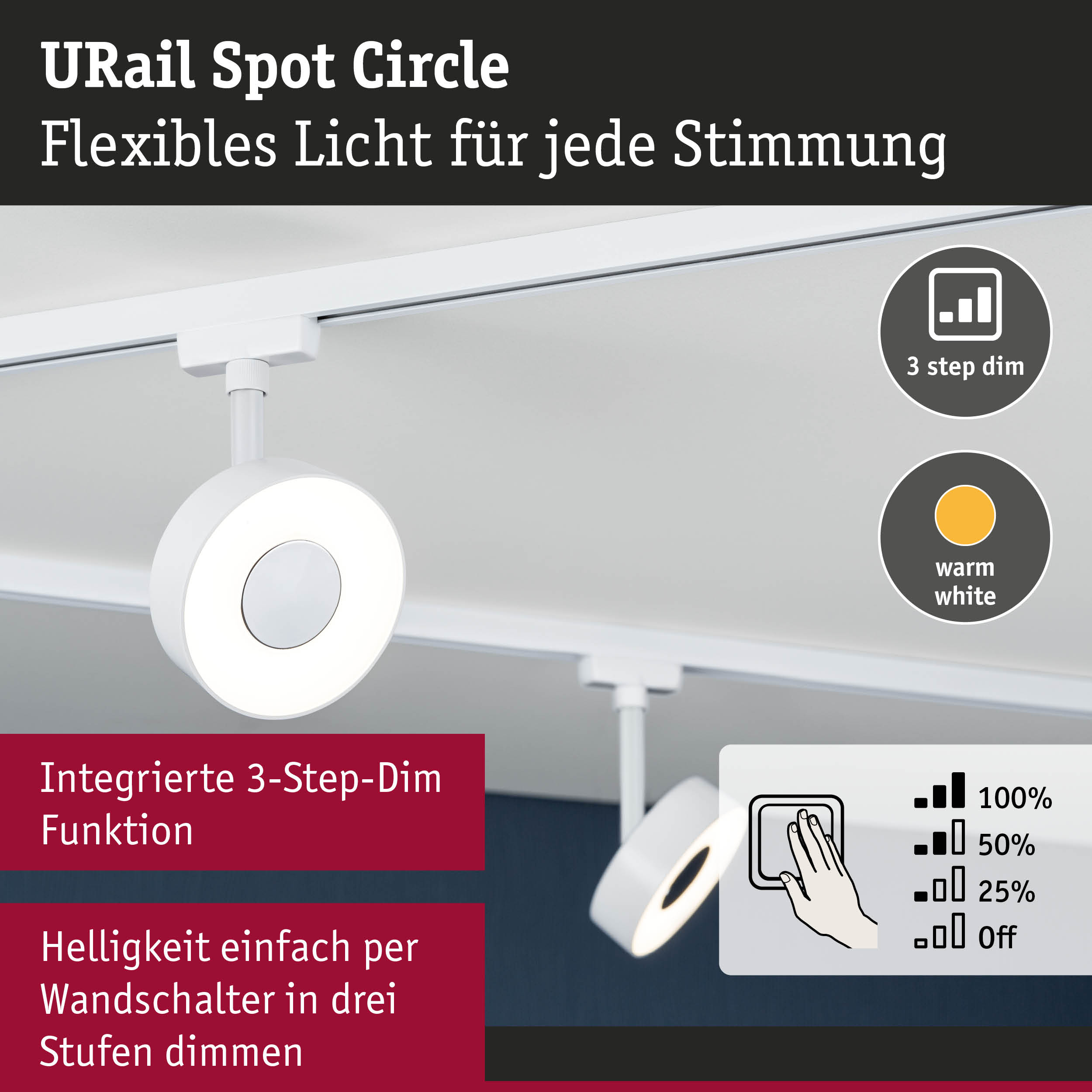Weißer URail Spot Circle LED-Strahler mit integrierter 3-Stufen-Dimmfunktion für flexible Beleuchtung