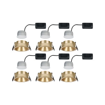 Six gold LED recessed spotlights with white heat sinks and black connectors for modern interior lighting
