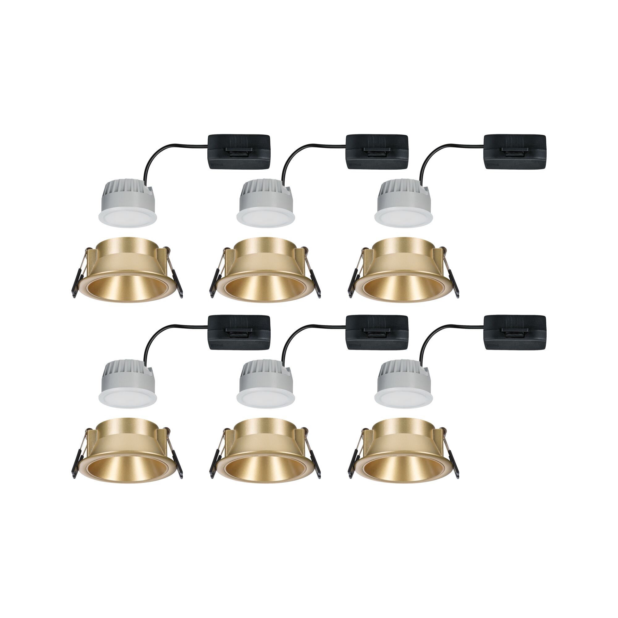 Six gold LED recessed spotlights with white heat sinks and black connectors for modern interior lighting